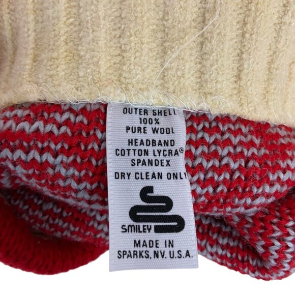 Vintage Smiley Red Wool Snowflake Knit Pom-Pom Beanie Hat Toboggan Winter Snow - Picture 3 of 3